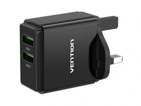 Vention Punjač 2 x USB A 18/18W - Crni (UK prikljucak) (QC79-UK-B)