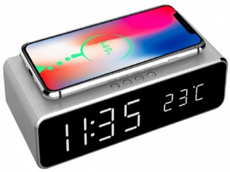 GEMBIRD DAC-WPC-01-S Digitalni sat + alarm sa bežičnim punjenjem telefona, Silver 39196