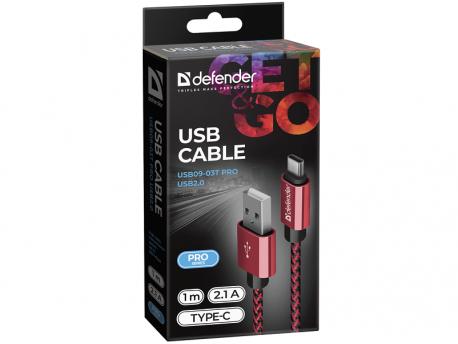 DEFENDER USB type-c kalb USB08-03T USB 20.0 Red 1m 2.1A