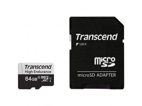 TRANSCEND 64GB microSD w/ adapter U1, High Endurance, Read/Write 95/45 MB/s
