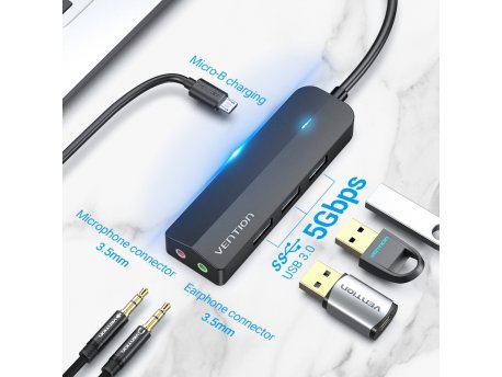 Vention USB Hub 6u1, sa ulazom za mikrofon i slušalice 3.5mm + USB x3, crni (CHIBB)