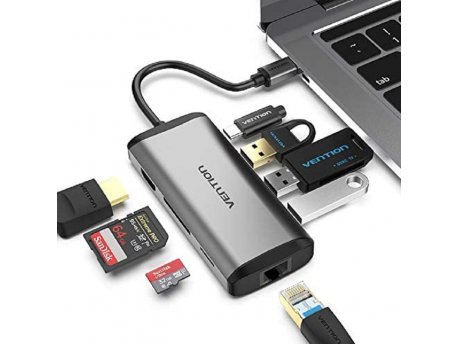Vention 8u1 Hub Tip-C na HDMI, 3x USB 3.0, RJ-45, Tip-C za punjenje i čitače TF/SD kartice (CNDHB)