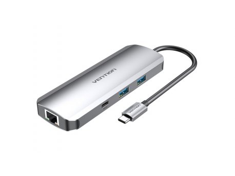 Vention 9 u 1 USB-C na HDMI/USB-C/USB x2/RJ45/SD/TF/TRRS/3,5mm - Sivi