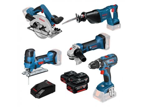 BOSCH Set akumulatorskog alata GSR 18V-28 + GST 18V-LI S + GWS 18-125V-LI + GKS 18 V-LI + GSA 18V-LI 18V, 3 x 4,0 Ah, 0615990K6N