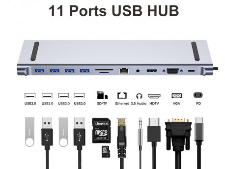 FAST ASIA Adapter TIP-C HUB na 4xUSB +SD/micro+RJ45+HDMI+ VGA+ PD+ Audio