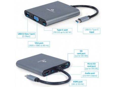 GEMBIRD USB-C 6u1 Hub, 3.1 + HDMI + VGA + PD + card reader + stereo (A-CM-COMBO6-01)