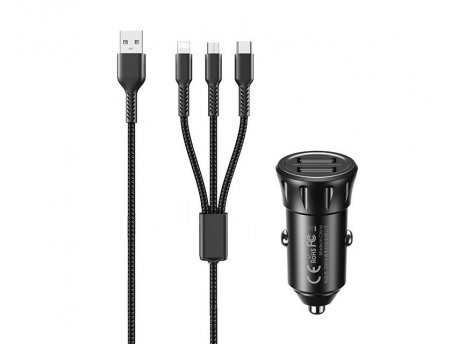 REMAX Auto punjac 2.4A 2xUSB+ kabl 3 u 1 RCC236, crni
