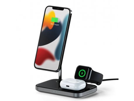 SATECHI Aluminium 3-in-1 Magnetic Wireless Charging Stand (iPhone 12/13, Apple Watch, AirPods Pro, USB-C cable included) - Black