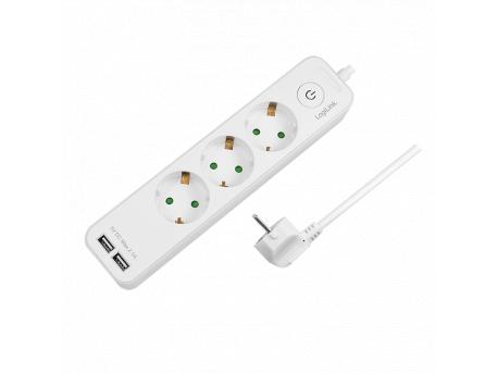 LOGILINK Produžni kabl 3 mesta, 2 USB, prekidač, 1.5m, beli (4782)