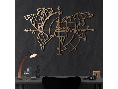WALLXPERT Zidna dekoracija World Map Compass Gold