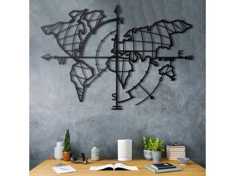 WALLXPERT Zidna dekoracija World Map Compass Black