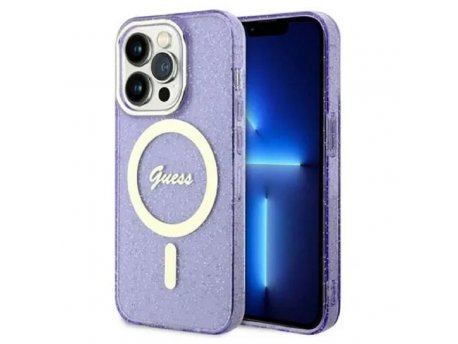 Guess Futrola za iPhone 14 Pro IML Glitter Peony Gold Purple MagSafe
