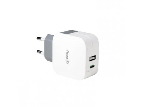 CELLY Kućni punjač sa USB i USB C ulazom u BELOJ boji