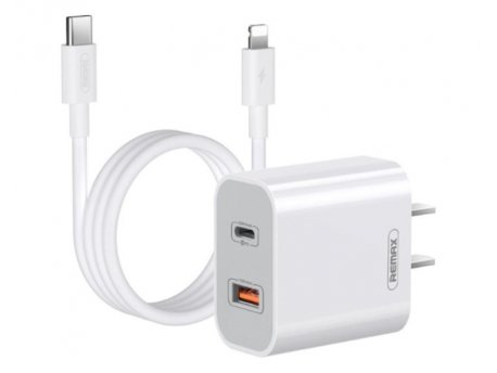REMAX Strujni Fast punjač 1xUSB3.0+1xTIP C 20W RP-U68 +kabl TipC na iPhone 1m, beli