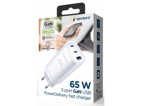 GEMBIRD TA-UC-PDQC65-01-W Gembird 3-port 65W GaN USB PowerDelivery fast charger, white