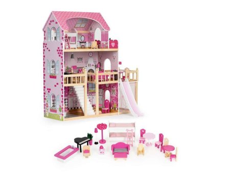 ECO TOYS Drvena kuća za lutke sa terasom i toboganom