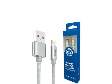 Xwave Kabl USB IPHONE 1.2m 3A,lightning aluminium,upleteni srebrni