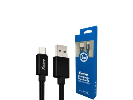 Xwave Kabl USB2.0 na Micro USB 2M,2A,aluminium,upleteni,crni