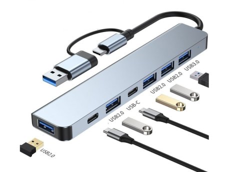 E-GREEN Adapter USB 3.0/USB 3.1 tip C (M) - USB 3.0 + 4 x USB 2.0 + 2 x tip C (7 u 2)