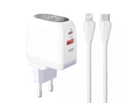 LDNIO A2522C 30W Kućni punjač sa LED ekranom i USB-C na lightning kablom