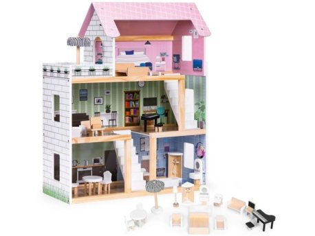 ECO TOYS Drvena kućica za lutke sa setom od 15 komada nameštaja