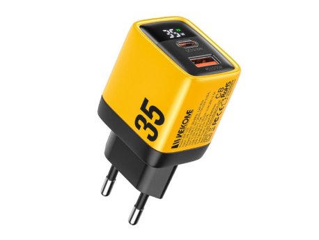 WEKOME WP-U25 Super brzi Strujni GaN Punjač, 2-porta USB (3.0 i 3.1 Tip-C) 35W, sa displejom, žuti