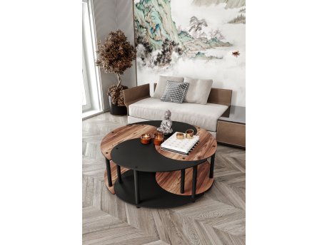 HANAH HOME Okrugli set stolova za kafu Yang 4L 70 Walnut Black
