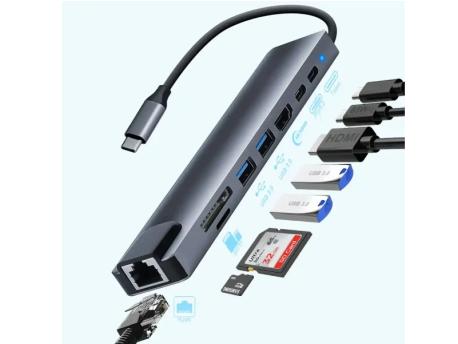 ZEUS Adapter-konverter USB Tip C Zeus 11/1 1xUSB3.0/3xUSB2.0/HDMI/TF/SD/Audio/RJ45/VGA/Tip C PD