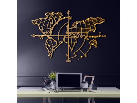 WALLXPERT Dekorativni metalni zidni pribor World Map Compass Led Gold