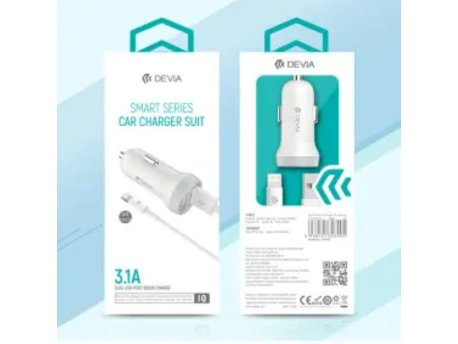 DEVIA Auto punjač Smart Series Suit For Lightning, 5V, 3.1A, 2USB, Beli