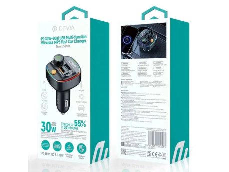 DEVIA Auto punjač Smart PD 30W, Dual USB, Bluetooth, MP3, Crni