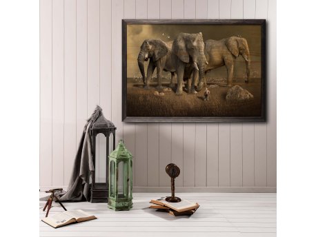 WALLXPERT Dekorativna uramljena drvena slika Elephant Horde XL