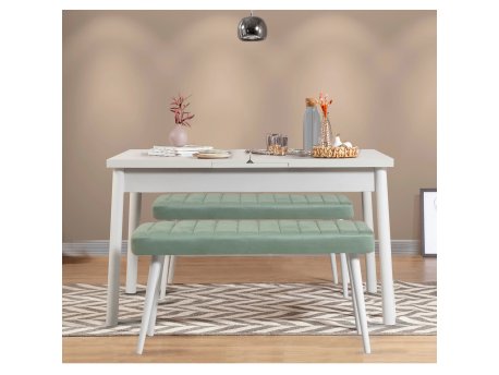 HANAH HOME Produžni trpezarijski sto i klupa (3 komada) Santiago 0400 White Green