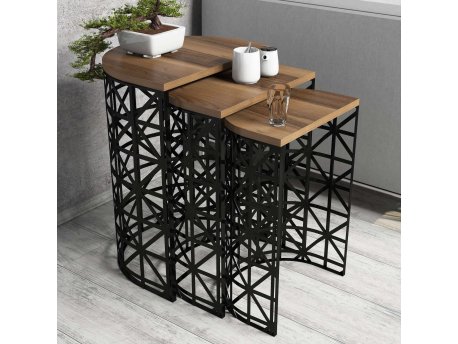 HANAH HOME Set 3 stočića Stil Metal Ferforje Walnut