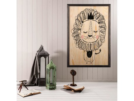 WALLXPERT Dekorativna uramljena drvena slika Cute Lion XL