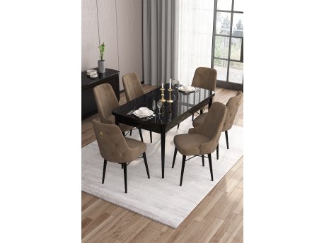 HANAH HOME Set Trpezarijski sto i 6 stolica Are Black Marble Brown