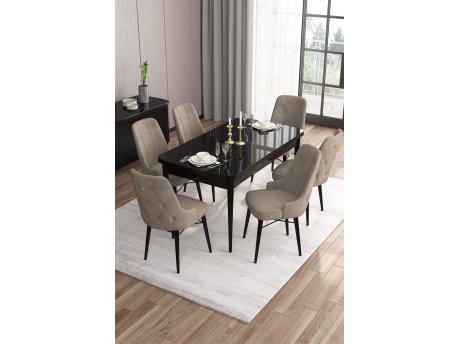 HANAH HOME Set Trpezarijski sto i 6 stolica Are Black Marble Cappuccino