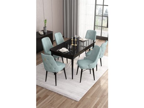 HANAH HOME Set Trpezarijski sto i 6 stolica Are Black Marble Sea Green