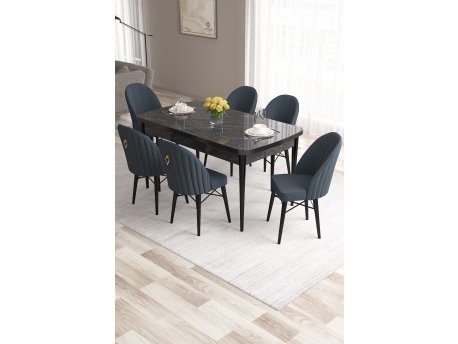 HANAH HOME Set Trpezarijski sto i 6 stolica Roz Black Marble Anthracite