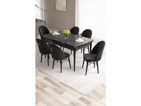 HANAH HOME Set Trpezarijski sto i 6 stolica Roz Black Marble Black