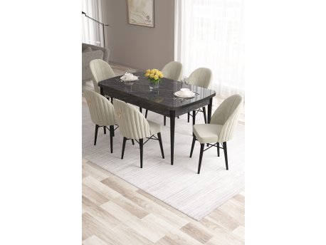 HANAH HOME Set Trpezarijski sto i 6 stolica Roz Black Marble Cream