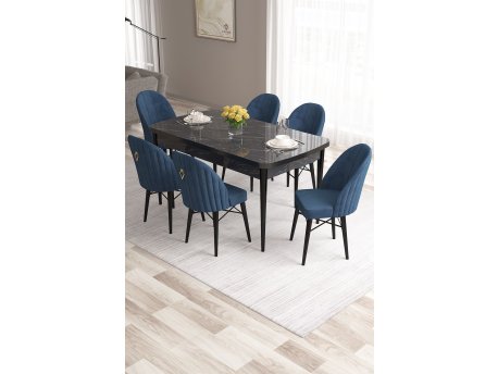 HANAH HOME Set Trpezarijski sto i 6 stolica Roz Black Marble Navy Blue