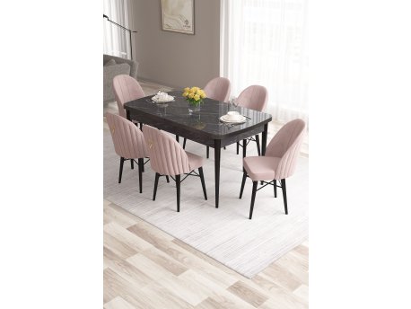 HANAH HOME Set Trpezarijski sto i 6 stolica Roz Black Marble Pink