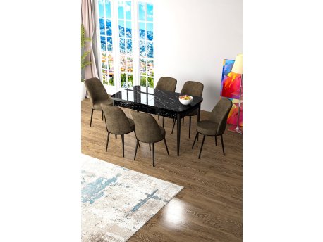 HANAH HOME Set Trpezarijski sto i 6 stolica Zen Black Marble Brown
