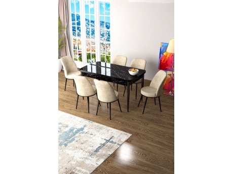 HANAH HOME Set Trpezarijski sto i 6 stolica Zen Black Marble Cream