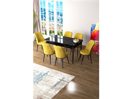 HANAH HOME Set Trpezarijski sto i 6 stolica Zen Black Marble Mustard