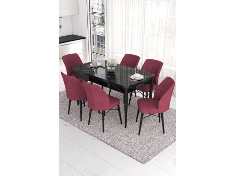 HANAH HOME Set Trpezarijski sto i 6 stolica Eva Black Marble Burgundy