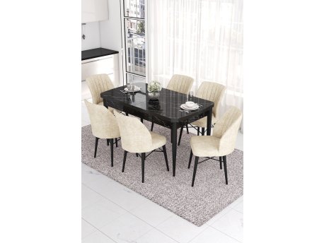 HANAH HOME Set Trpezarijski sto i 6 stolica Eva Black Marble Cream