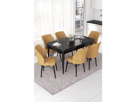 HANAH HOME Set Trpezarijski sto i 6 stolica Nef Black Marble Cappuccino