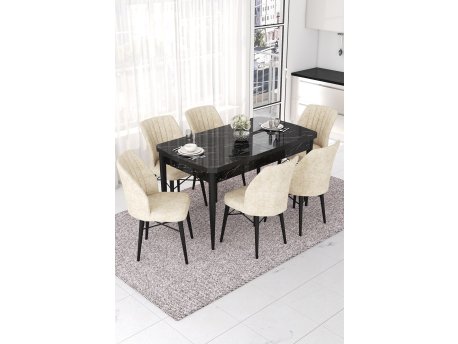 HANAH HOME Set Trpezarijski sto i 6 stolica Nef Black Marble Cream